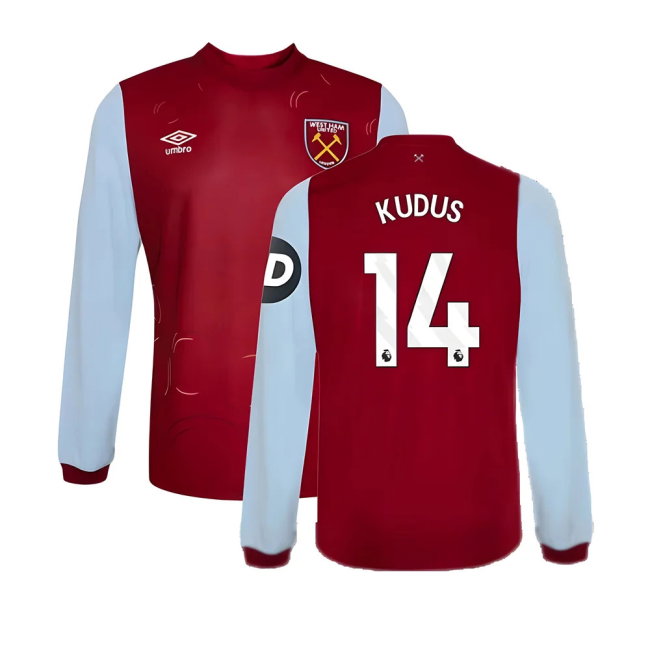 2023-2024 West Ham Long Sleeve Home Shirt (Kids) (Kudus 14)-SoccerKits Hub | Buy Soccer Jerseys Online